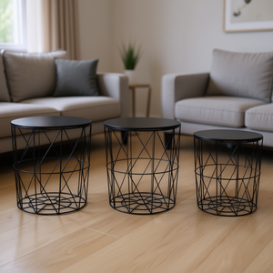 Set di 3 tavolini da caffè moderni in metallo nero, impilabili, minimalisti, per soggiorno, con piano in legno e design geometrico - Product Image 2