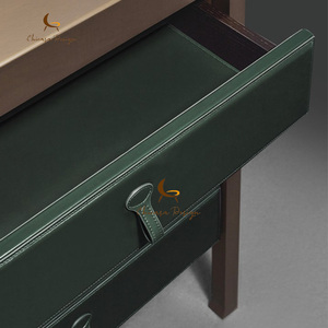 Brass Metal Trim Designer Bedroom Furniture Elegant Leather Upholstered Dresser Contemporary Minimalist Chest Drawers Nightstand - Product Image 4