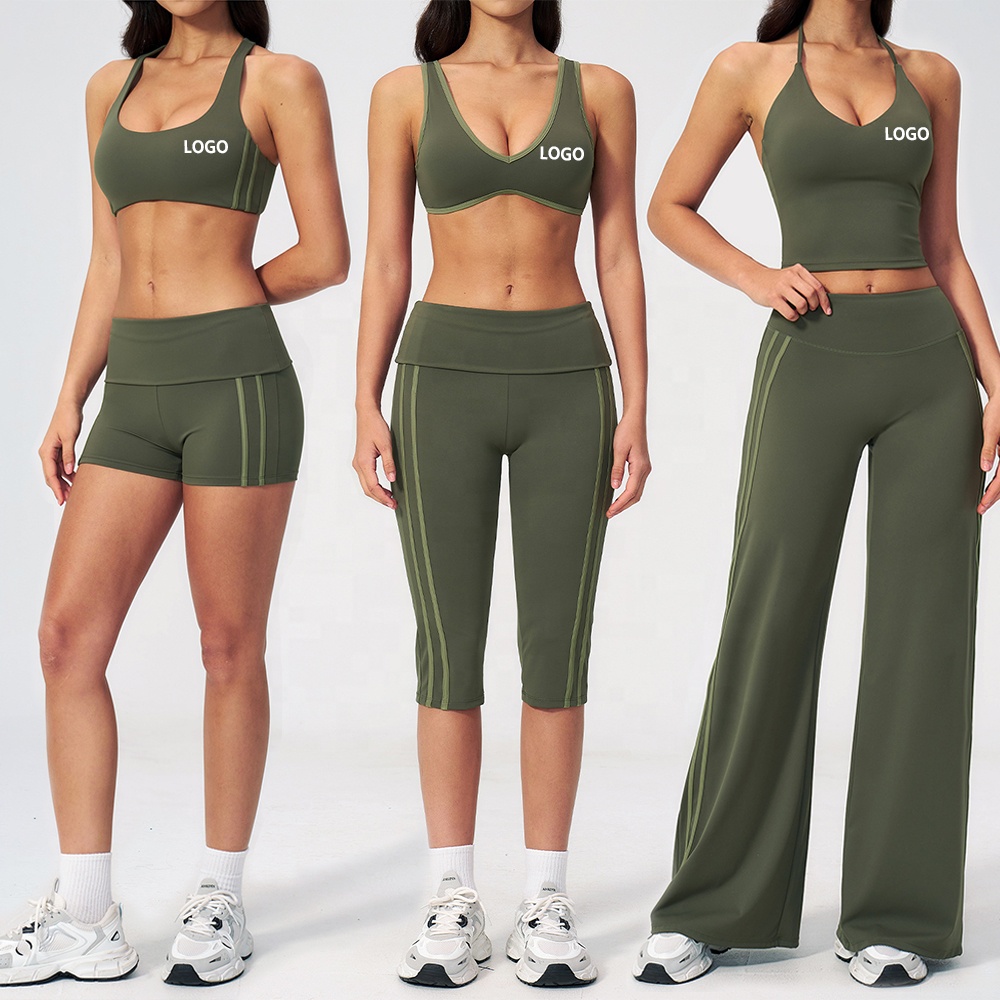 Contrast Color Side Stripe Style Breathable Yoga Sets 6 Pieces Sporty Outfit Style High Impact Bra Calf-Length Legging Yogawear