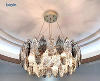 Lustre en cristal K9 élégant, simple et moderne, avec pampilles en verre en forme de feuille, pour villa, salon, hôtel, salle à manger, chambre à coucher
