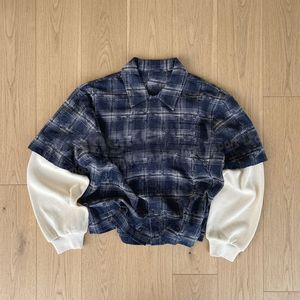 Custom Wholesale Cotton Plaid <b>Waffle</b> Knit Vintage Grunge Streetwear Layered Look Distressed Mens Long Sleeve Plaid <b>Shirt</b> - Product Image 1