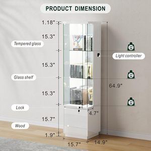 Vitrine moderne en verre SENYU avec 3 étagères, éclairage LED, porte à panneau plat pour le rangement dans le salon - Product Image 5