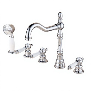 Robinet de baignoire vertical à 3 poignées en laiton chromé, 5 pièces, 5 trous, type split, design moderne, montage sur pont, avec douchette à main en cuivre - Product Image 1