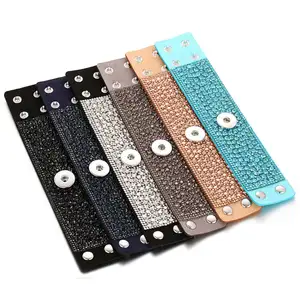 Fashion Crystal Leather Wristband Snap Button Bracelet Handmade Wide Leather Bracelet Fit 18mm Snap Button