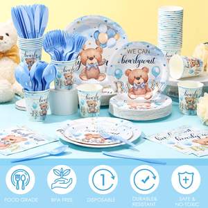 El juego de decoración de fiesta temática de oso azul bebé personalizable incluye pancarta de papel y plato para celebraciones de cumpleaños de Acción de Gracias - Product Image 4