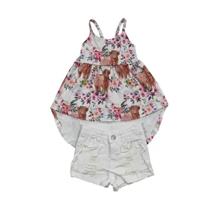 GSSO0262 Yak and floral print halter top white denim shorts baby girls clothing sets