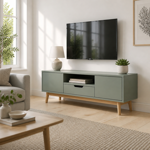 Consola de <span class=keywords><strong>TV</strong></span> Nórdica Color Verde Salvia, 4 Puertas Abatibles, Patas de Roble Macizo, Tirador en J, Venta al por Mayor OEM - Product Image 2