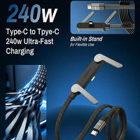 Câble de charge rapide USB-C vers USB-C 240W avec support pliable et tressé, 1,5 m, en alliage de zinc, compatible PD, avec support de téléphone – Offre Spéciale