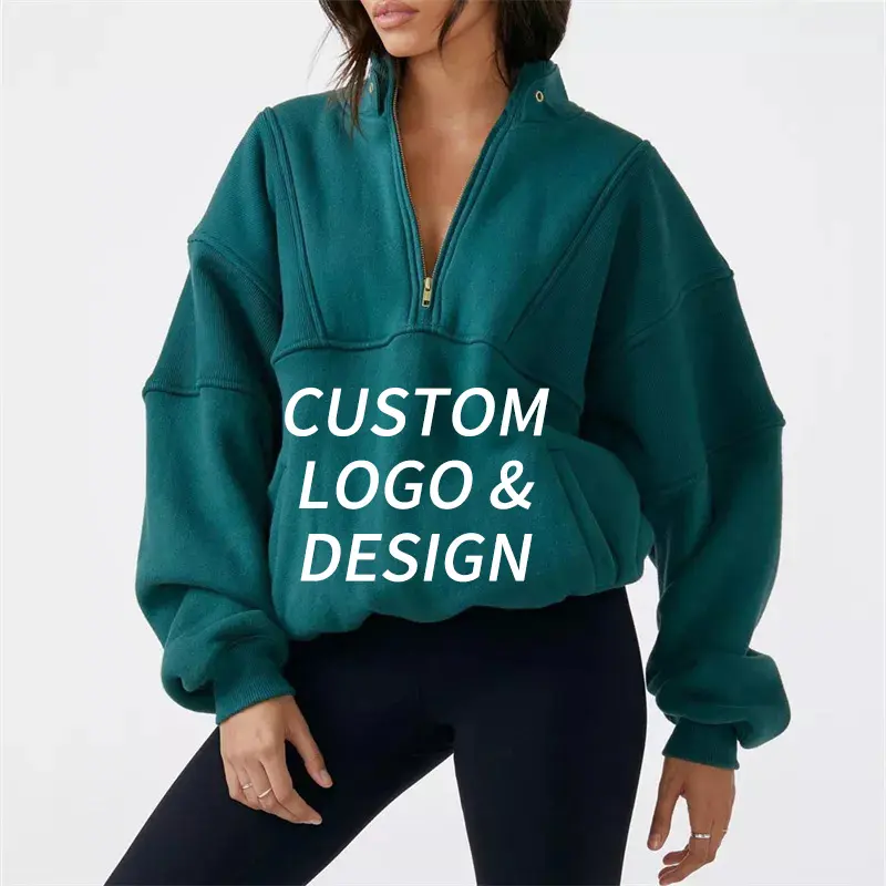 Custom Pullover Heavyweight Cotton Blank Cropped Half Zip Up Sweatshirt Women