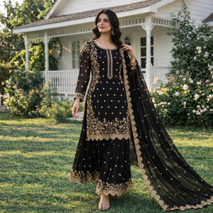 Luxury Black Gold Embroidered Georgette Sharara <b>Suit</b> Indian Sangeet Night Evening Cocktail Reception Wear 3-Piece Outfit - Product Image 1