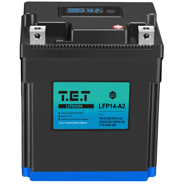 T.E.T LFP14-A2 12.8V 8Ah LiFePO4 Pouch Cells Lithium Battery 400CCA Bluetooth App Monitor IP67 1500-Cycle for Powersports