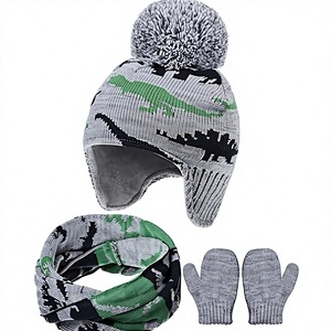 Ensemble 3 pièces unisexe : bonnet en tricot camouflage d'hiver avec pompon, cache-oreilles, écharpe et gants - Product Image 1
