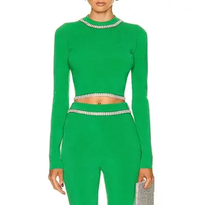 Crystal embellished back button closure bright green long sleeve close-fitting midriff-baring women sweater