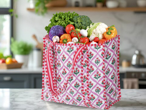 Bohemian <b>Quilted</b> Design Cotton Tote Bag with Embroidery Open Top Eco-Friendly Handmade-All Seasons for Red White - Product Image 2