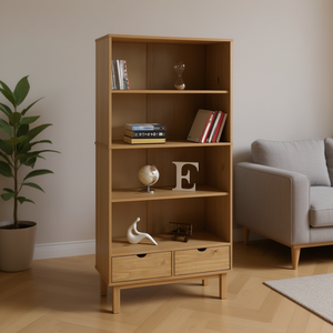 OTTA Brown Solid <b>Pine</b> Wood Bookcase 4 <b>Shelves</b> 2 Drawers Scandinavian Modern Living Room Furniture - Product Image 2