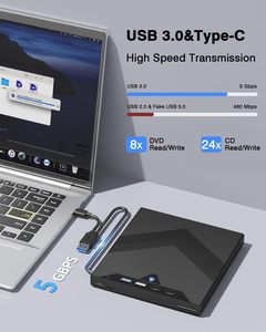 Lecteur de <span class=keywords><strong>DVD</strong></span> externe 8-en-1 portable USB 3.0 avec lecteur/graveur de <span class=keywords><strong>CD</strong></span>/<span class=keywords><strong>DVD</strong></span> et lecteur de carte SD/TF pour ordinateur portable Windows Linux MacOS - Product Image 4