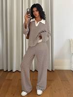 Ensemble 2 pièces tricoté pour femme, style rétro occidental, à rayures, avec haut à col polo à manches longues et pantalon large, collection automne-hiver, vente en gros, décontracté 2026