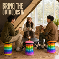 Tabouret de camping confortable pour tente, siège rond en plastique, pour tente intérieure, glamping, utilisation en coin de tente par temps de pluie, avec éclairage féerique, tapis et coin douillet