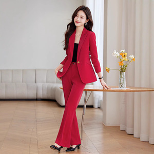 Women's Suit <b>Set</b> Red Formal <b>Office</b> Lady Full Sleeve Polyester Anti-Wrinkle Spring Wear - Product Image 1