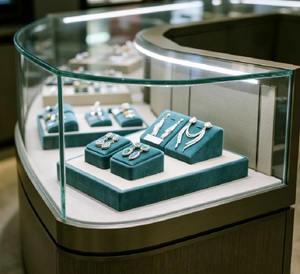 Comptoir de présentation de bijoux en verre octogonal de luxe, vitrine de vente au détail moderne avec inserts en velours turquoise et éclairage LED - Product Image 3