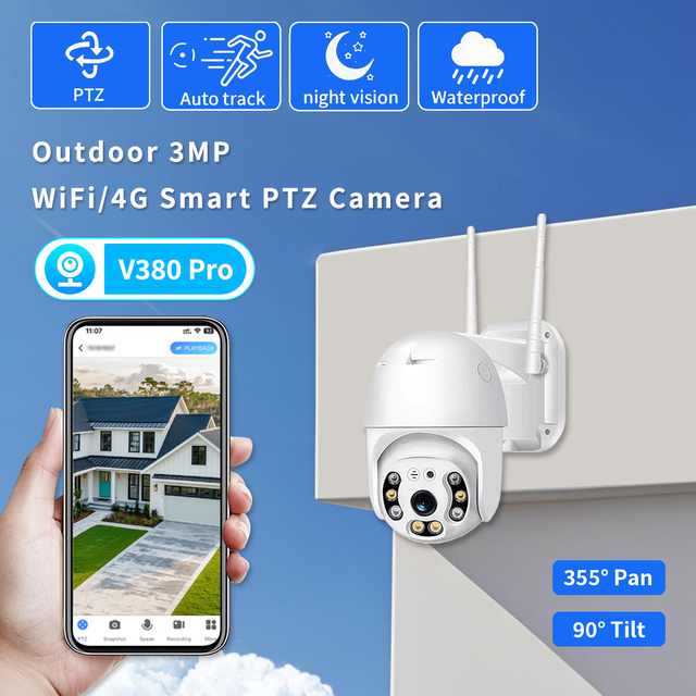 Manufacturer Wholesale V380PRO CMOS 3MP 4G PTZ Home Security Camera Full Color Night Vision Motion Detection Alarm IP66