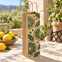 Sac cadeau en papier kraft pour bouteille de vin avec poignées torsadées, imprimé de tranches de citron sur le devant - Brun naturel