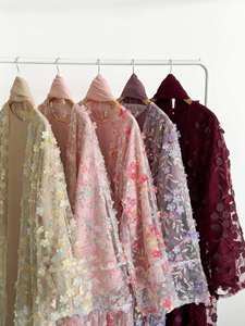 Conjunto de Tres Piezas de Moda <span class=keywords><strong>Juvenil</strong></span> para <span class=keywords><strong>Mujer</strong></span> Musulmana Islámica de Dubái, Color Sólido con Encaje Estampado, Vestido Tradicional Étnico - Product Image 5