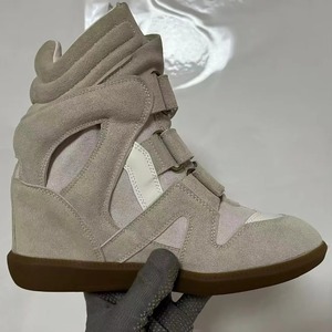 Lady Hidden Wedge Sneakers High Top Casual Shoes Black Suede Leather Upper Rubber Sole <b>Magic</b> Tape Design Warm Height Increasing - Product Image 3