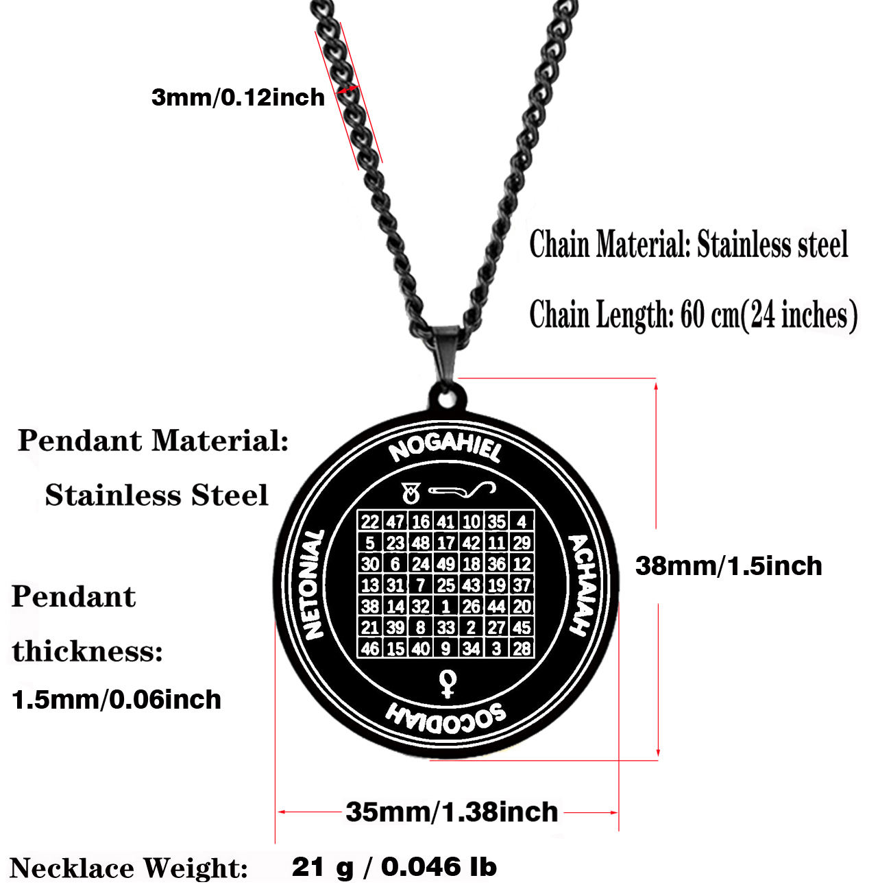 Venus Kabbalah Aquarius Charm Necklace, Stainless Steel Pendant, Oem