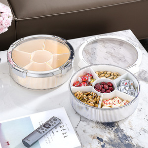 Round Fruit Platter With Lid 6 Compartments Milky White Silver Vertical Stripes Candy Box Snack Storage Home Living Room Decor - Product Image 2