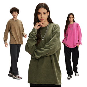 Felpa Pesante 275G Vintage Batik Acid Wash a Maniche Lunghe con Logo Personalizzato, T-Shirt da <span class=keywords><strong>Uomo</strong></span> con Collo Rotondo Oversize, Maglietta di Design - Product Image 4