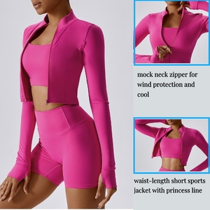 Full Zipper Long Sleeve Workout Jacket Wholesale Logo Custom Fitness Crop Top With Thumb Hole Sports Coat Women Quick Dry <strong>Shirt</strong> - Product Image 3