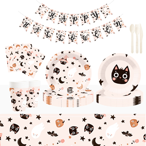 อุปกรณ์จัดปาร์ตี้ฮาโลวีน DAMAI ลายฟักทอง แมวดำ และผีน่ารัก ดีไซน์สีม่วงและดำ จานและผ้าเช็ดปากธีมฮาโลวีน - Product Image 1
