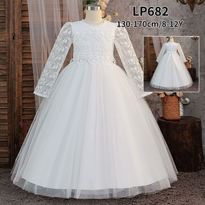 Abito da <span class=keywords><strong>bambina</strong></span> con scollo a O, in pizzo a maniche lunghe, bianco, elegante, <span class=keywords><strong>per</strong></span> feste, <span class=keywords><strong>per</strong></span> bambine di 6 anni, in raso LP682 - Product Image 4