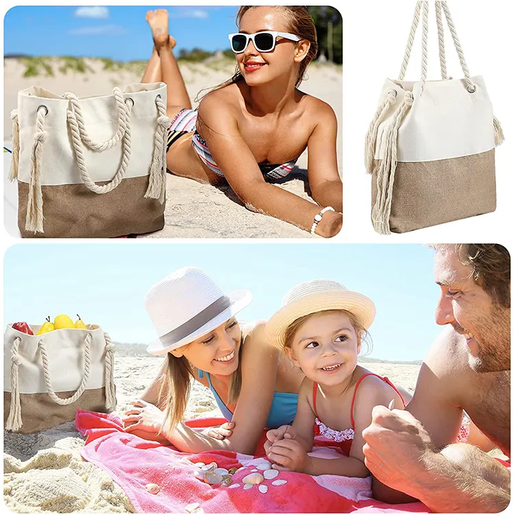 Custom Logo Summer Beautiful Ladies Large Capacity Beach Rope Handle Handbags Jute Canvas Tote Bag