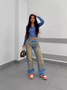 Jeans pour femmes Denim Jeans Pantalon Multi-Bag Design Poches à la taille amples Multi-dimensionnel Cross-Border Boyfriend Casual - Product Image 3