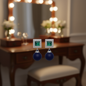 Boucles d'oreilles pendantes bleu marine E2922 pour femme, en cristal et strass, géométriques, taille princesse, sertissage pavé, bijoux de mode pour soirée - Product Image 2