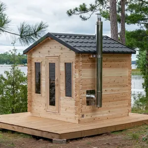 Blokhut Voor Sauna Aan Het Meer | Canadees Hout Met Schoorsteen | Rustieke Buitenspa-Ervaring