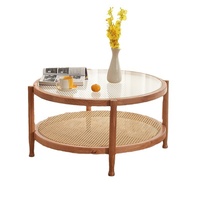 Table basse en bois d'hévéa nordique avec plateau en verre trempé tressé, espace de rangement, design moderne et élégant, pour salon, balcon, usage de loisirs, double niveau