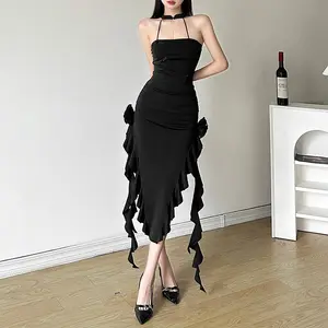 YY2075 sexy halter neck ladies black bodycon dress summer women's clothes solid ruffle dress