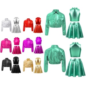 Robes de danse latine pour filles de 6 à 16 ans, veste métallique professionnelle pour concours de danse, débardeurs courts, jupe trapèze pour la danse - Product Image 1