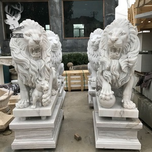 Lối vào ngoài trời Tay Chạm Khắc Kích thước cuộc sống bằng đá cẩm thạch trắng ngồi sư tử điêu khắc để bán <span class=keywords><strong>crouching</strong></span> cặp đi Bộ sư tử động vật bức tượng - Product Image 5