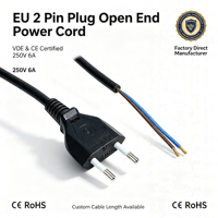 Cable de alimentación europeo H05VVH2-F de longitud personalizada, con extremo abierto, de PVC, cobre puro, con enchufe europeo.