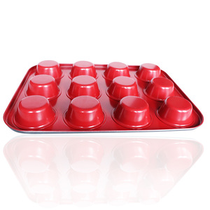 12 Cavity Nonstick Metal Cake Mold Red Exterior Black Interior Rectangle Baking Pan Cupcake Mold - Product Image 1