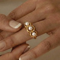 Bague en acier inoxydable imitation perle zircon, bague vintage tendance pour femmes