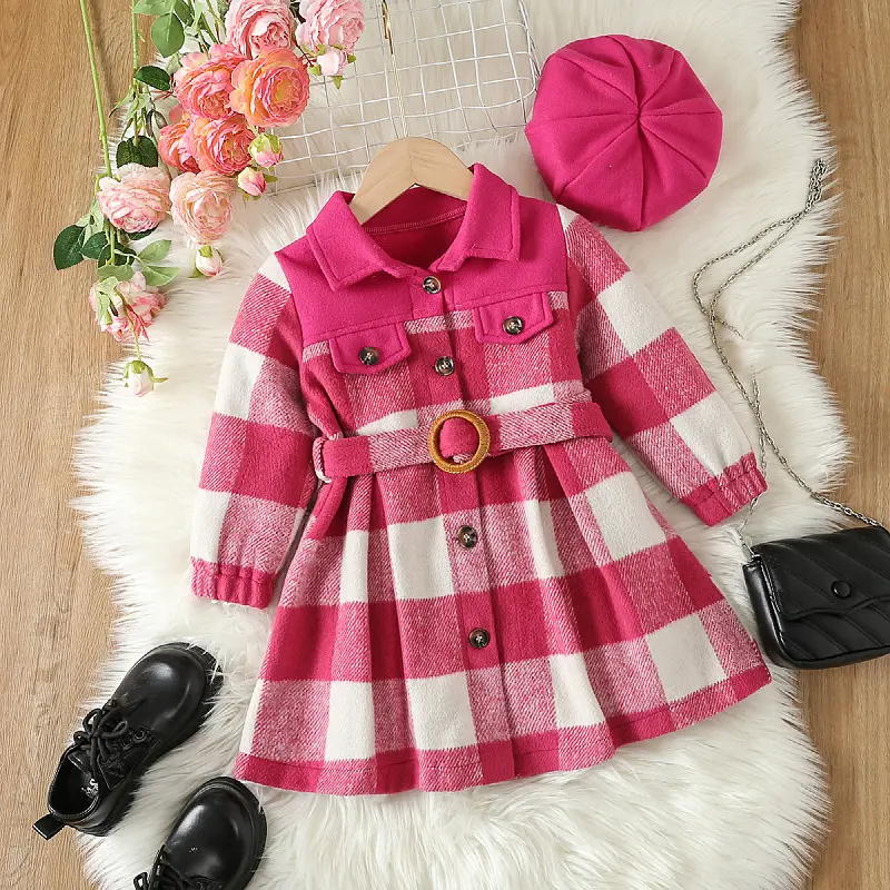 Fashion hot sales girls kids Long sleeve plaid jacket children rose color princess jacket coat with hat