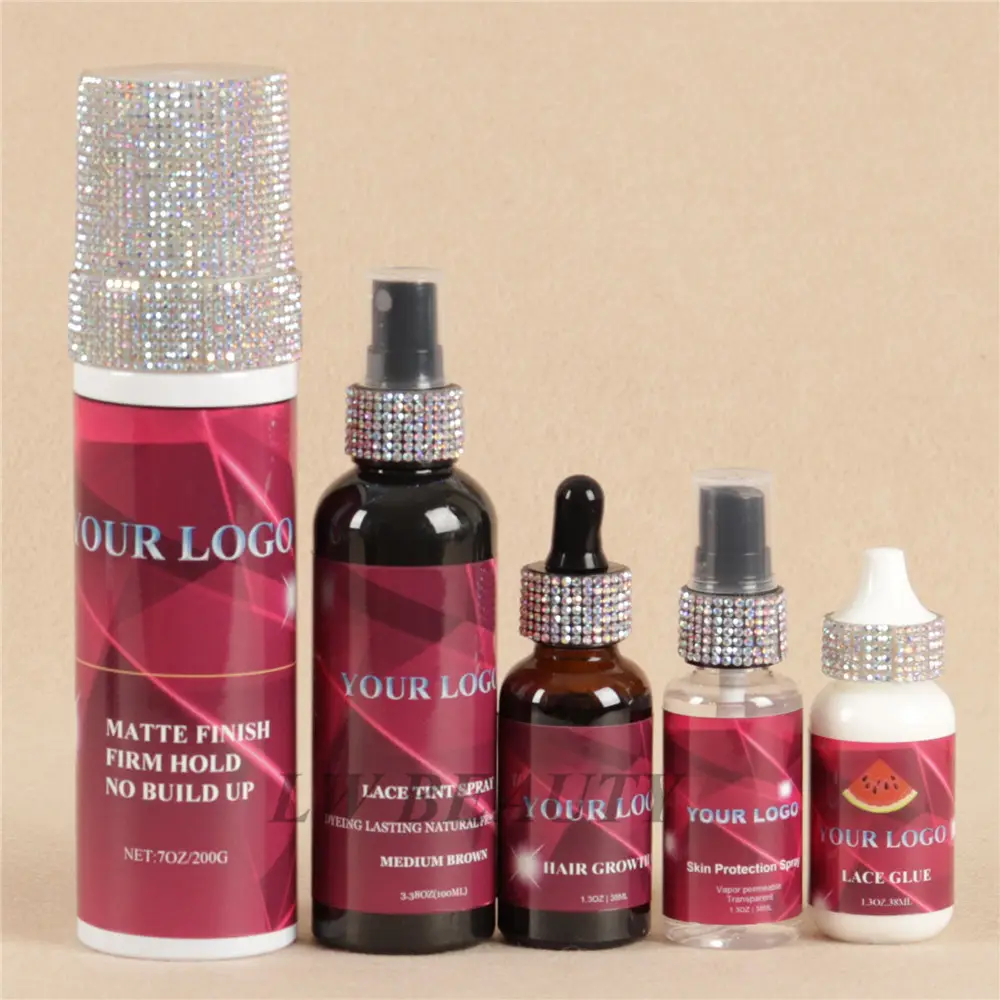 Private Label Wig Glue and Remover Lace Tint Spray Hair Styling Tools Lace Glue Set Decorate with Rhinestone Diamond