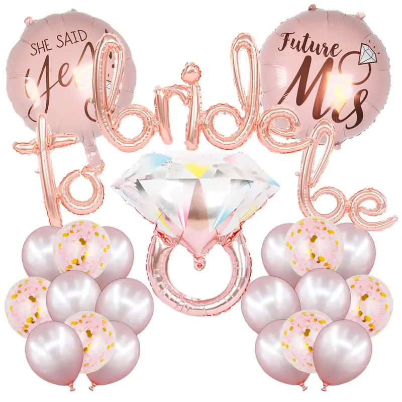 Valentine's Day Diamond Ring Foil Balloon Set-Inflatable Round Heart Diamond Suit Foil Wedding Balloons Kits Ribbon Straw