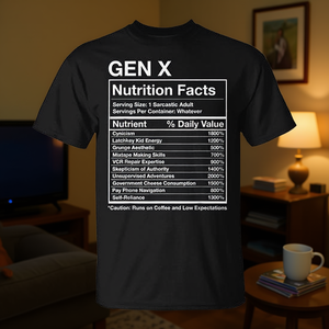 Camiseta con meme de información nutricional de Gen X, unisex para adultos, color negro - Product Image 3