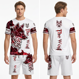 Ensemble de shorts décontractés pour homme, motif loup, taille mi-haute, tricoté, avec cordon de serrage, motif animalier, respirant, 100 % polyester, pour la plage - Product Image 5